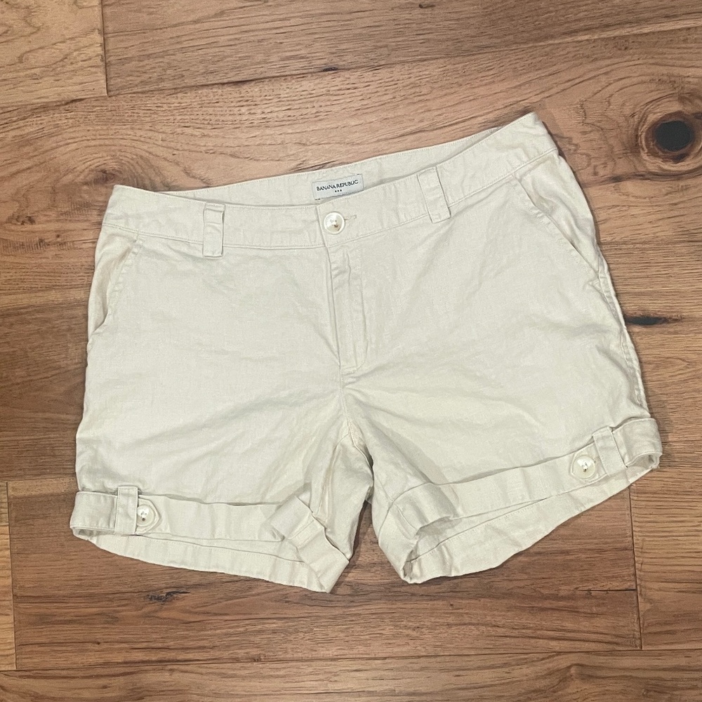 Banana Republic Linen Shorts Womens 12 Khaki Button Cuff